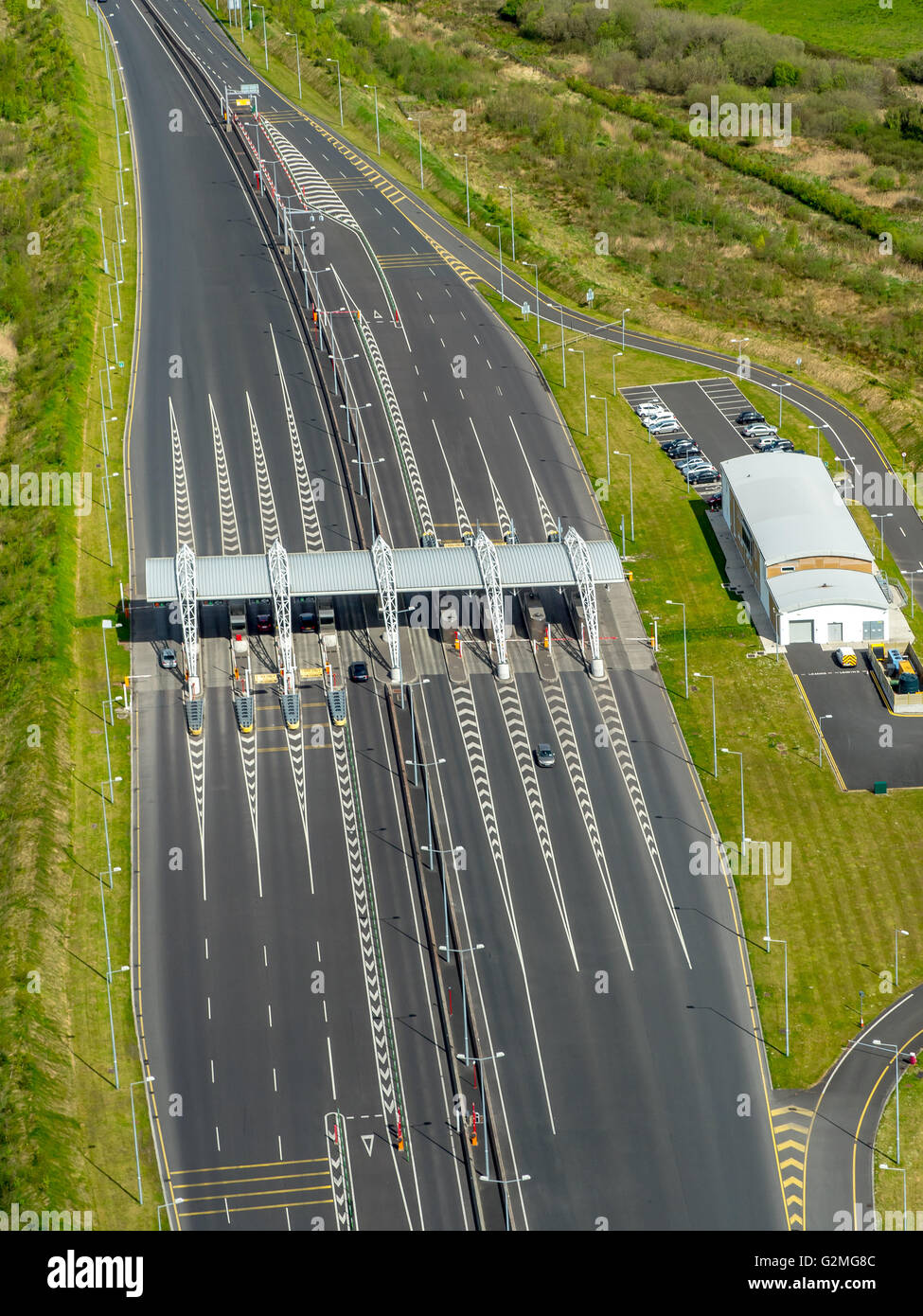 Aerial view, toll, car toll, Toll Station, N18 before Shannon tunnel, COUNTY CLARE, Limerick, Ireland, Europe, Aerial view, Stock Photo
