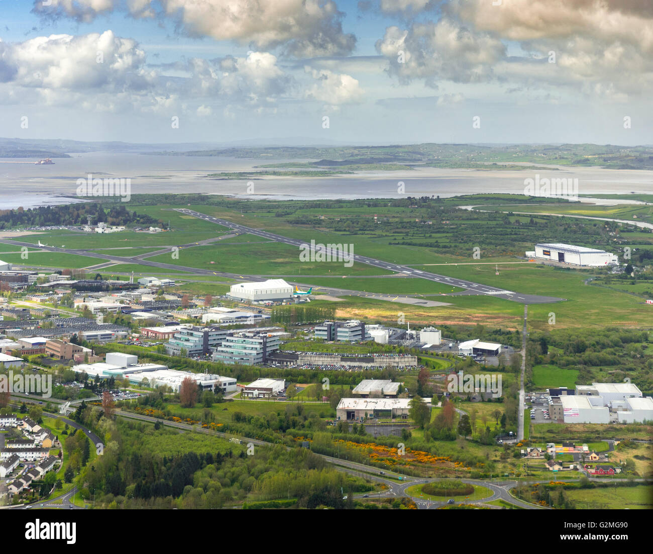 Aerial view, Shannon Airport, runway, Shannon, Ballycasey, COUNTY CLARE, Clare, Ireland, Europe airport, aerial, birds-eyes view Stock Photo