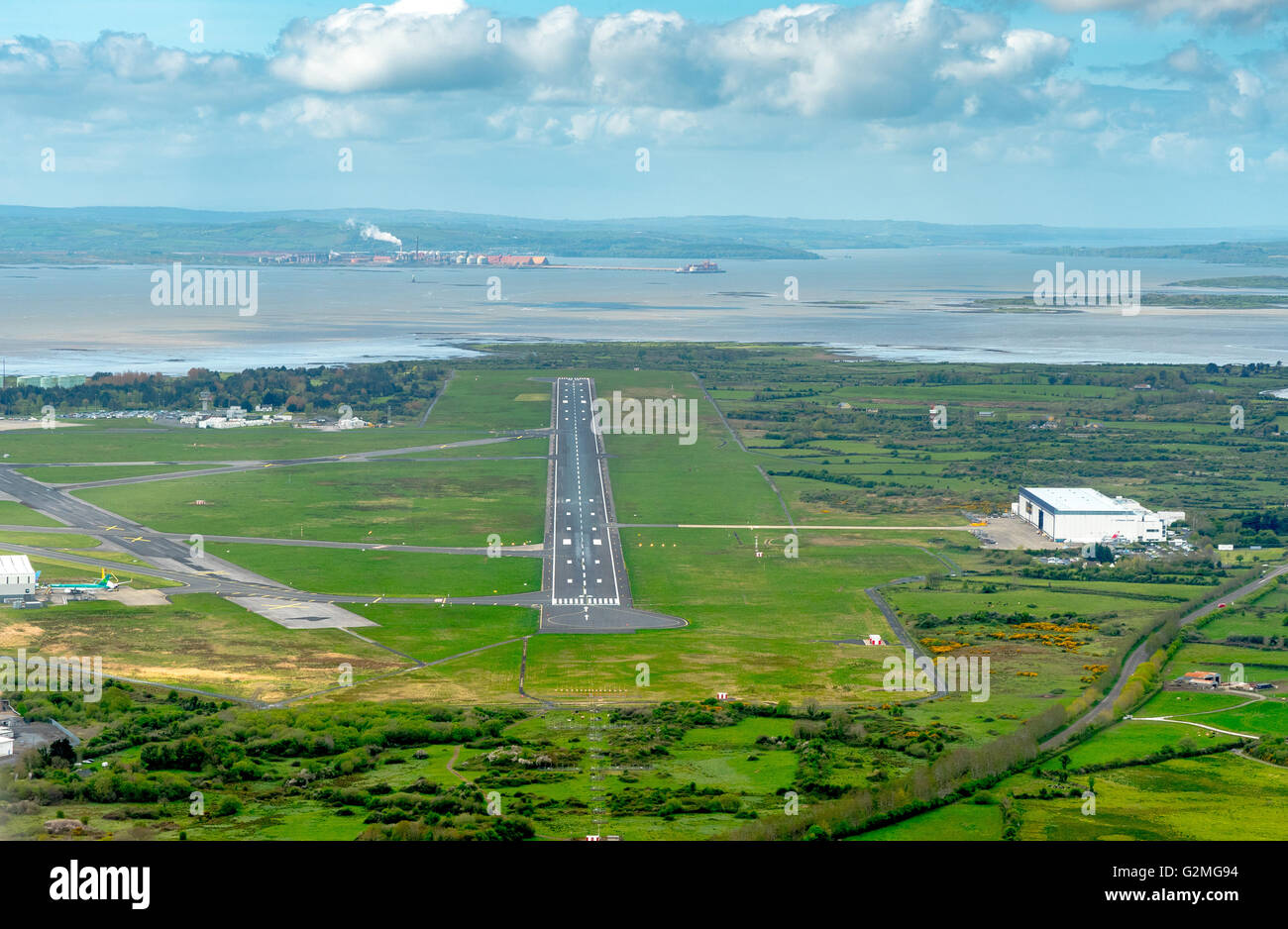 Aerial view, Shannon Airport, runway, Shannon, Ballycasey, COUNTY CLARE, Clare, Ireland, Europe airport, aerial, birds-eyes view Stock Photo