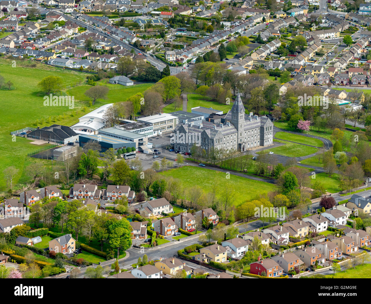 Aerial view, St. Flannan's College Ennis, school with clock tower