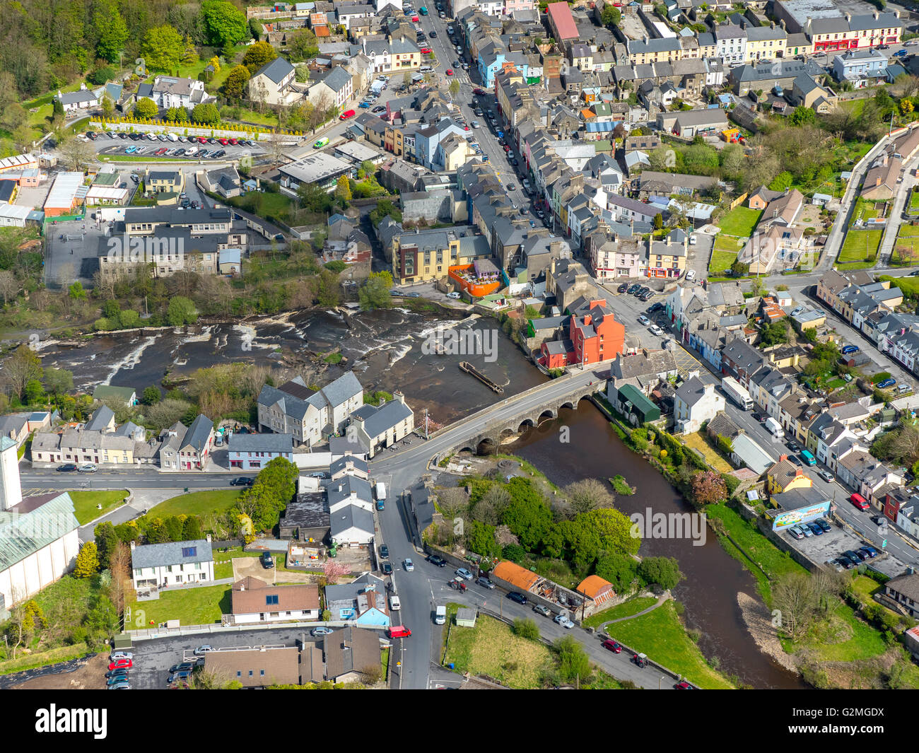 Aerial view, Ennistymon on Inagh River, Ennistymon, COUNTY CLARE, Clare, Ireland, Europe, Aerial view, birds-eyes view, aerial Stock Photo