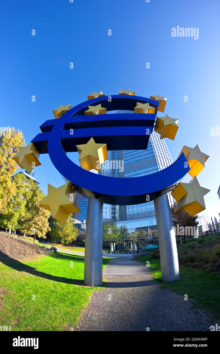 blue euro sign statue in frankfurt germany blue sky background Stock ...
