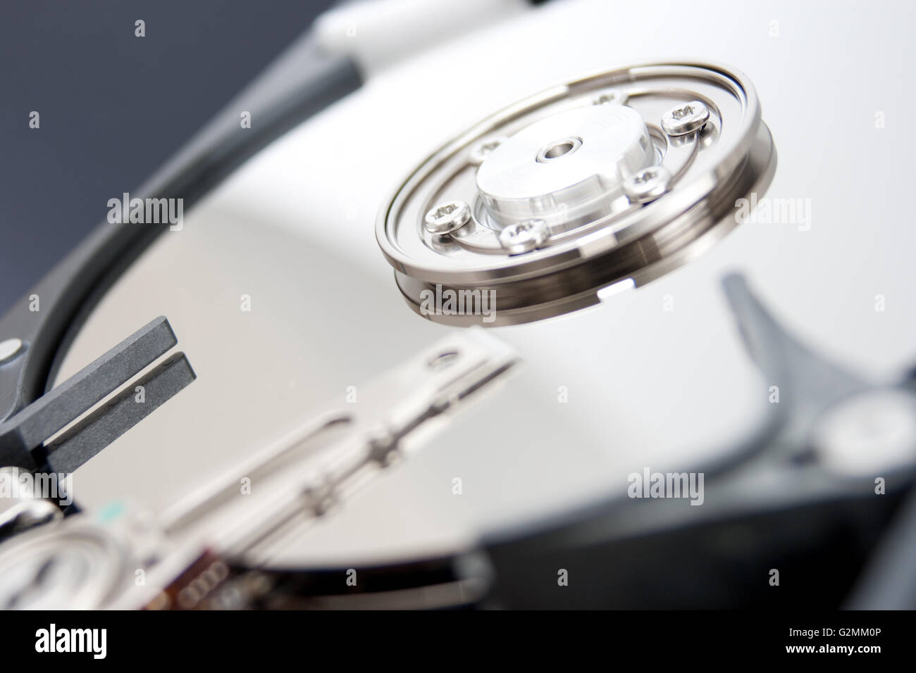 open hard drive disk reflection close-up Stock Photo