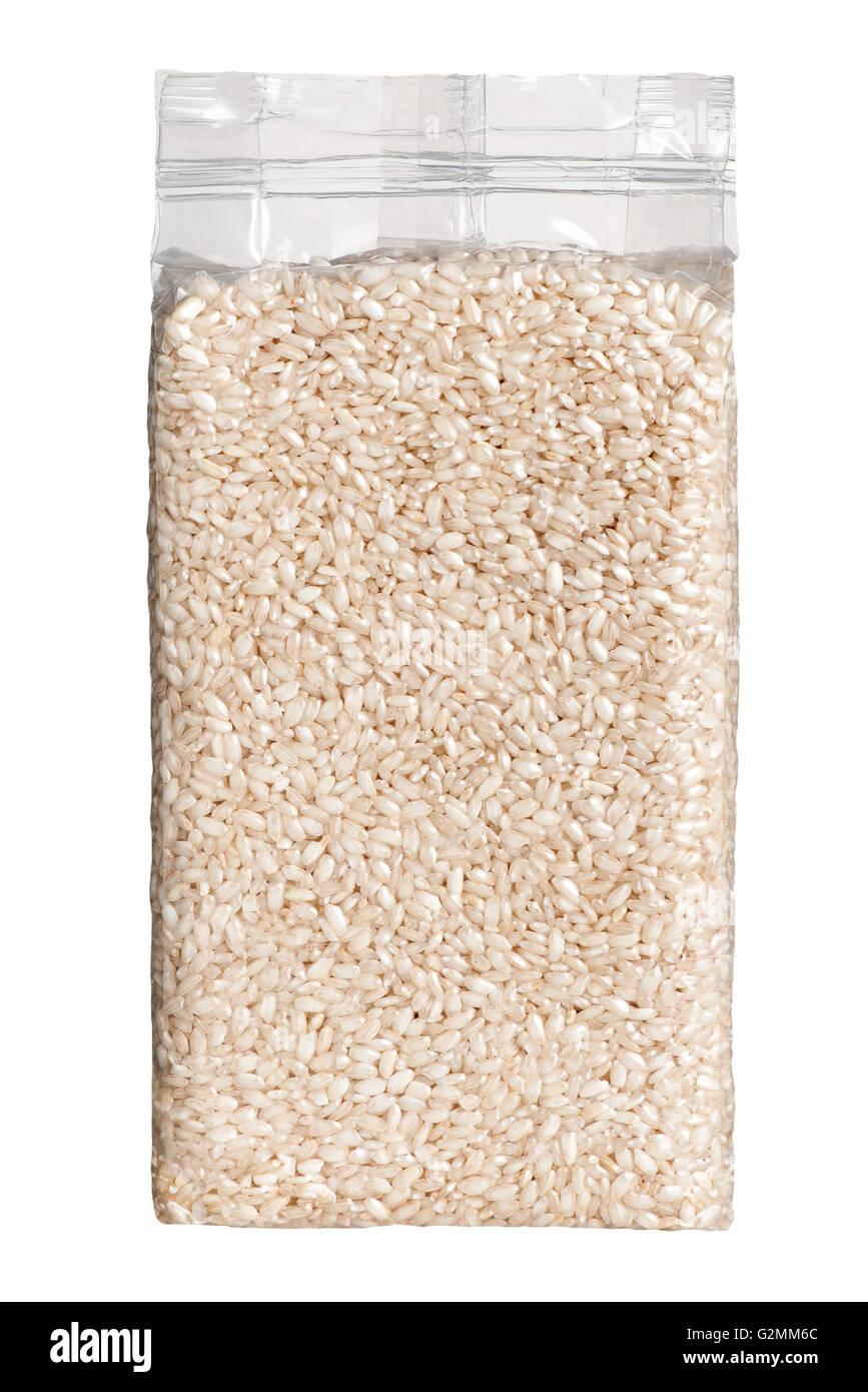 Vacuum packed plastic pack of long grain rice front view Vacuum Stock