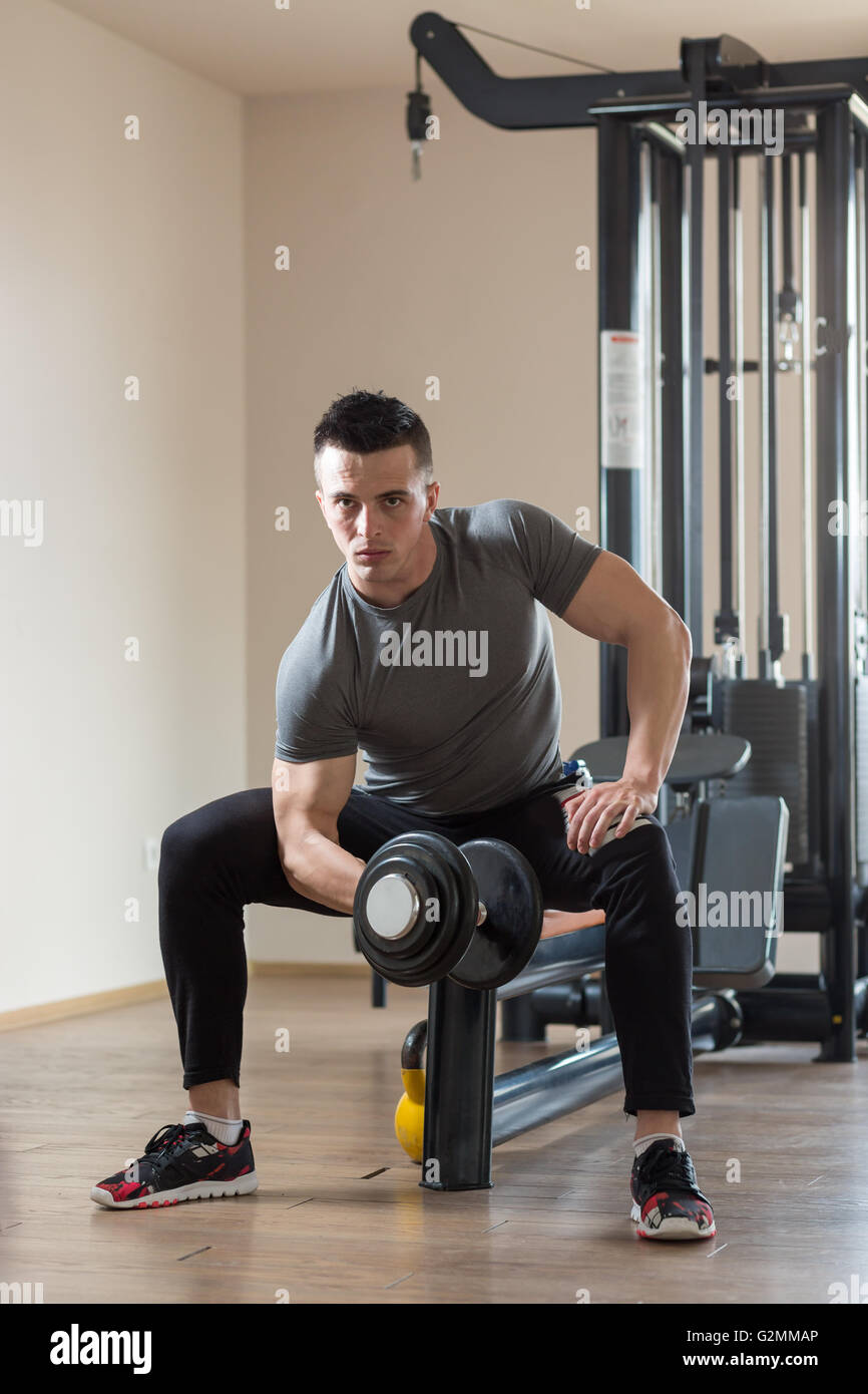 Young Man Working Out Biceps - Dumbbell Concentration Curls Stock Photo ...