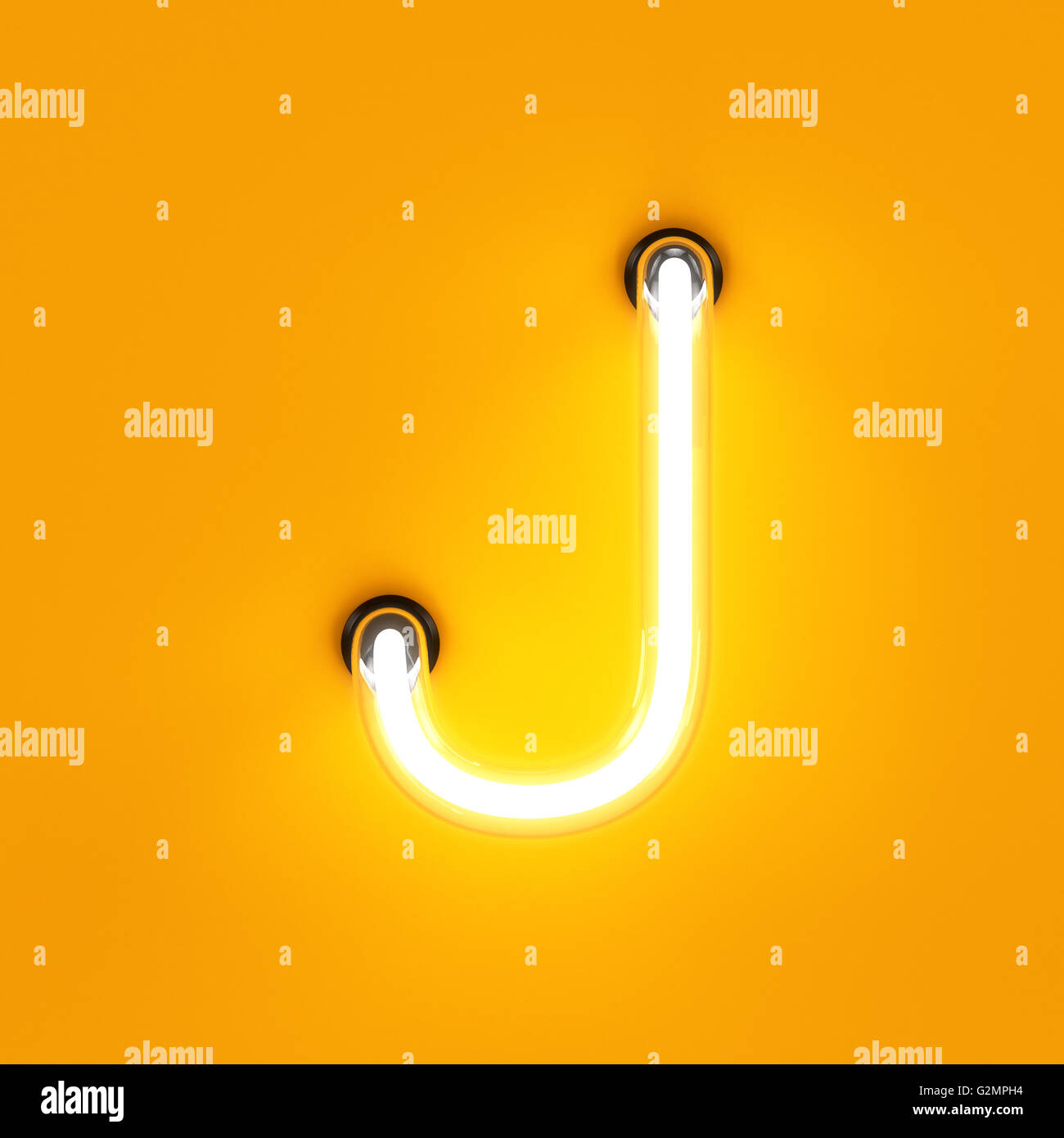 Neon light alphabet character J font. Neon tube letters glow effect on orange background. 3d rendering Stock Photo