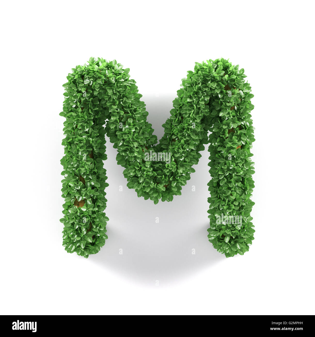 Green leaves M ecology letter alphabet font isolated on white background. 3d rendering Stock Photo