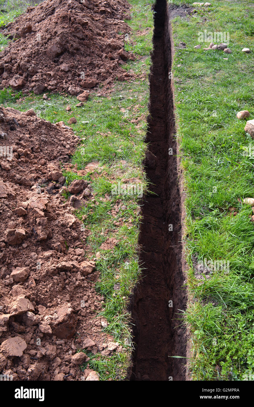 very narrow trench in summer farm yard through grass for water pipe Stock  Photo - Alamy