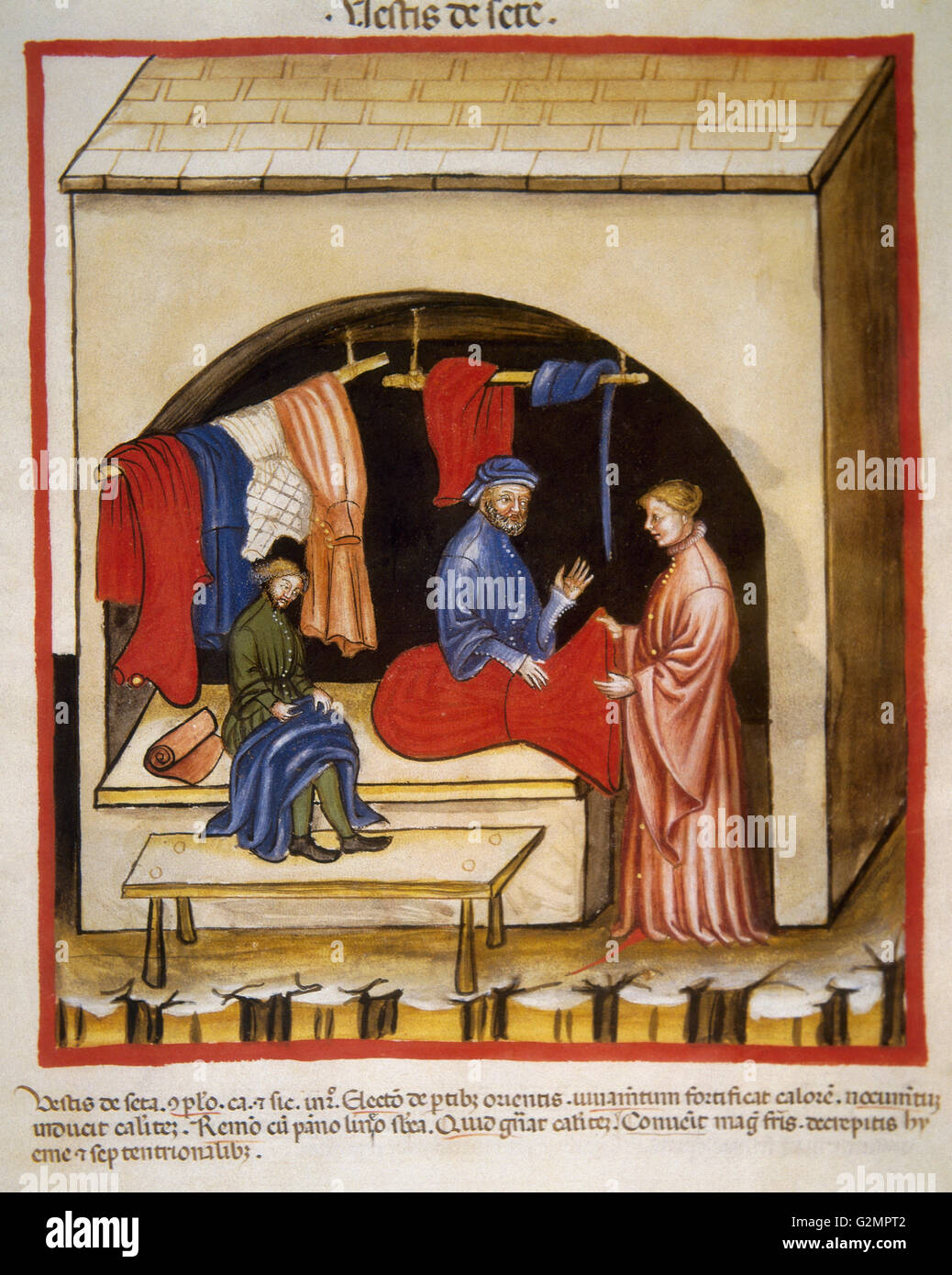 Tacuinum Sanitatis. 14th century. Medieval handbook of health. Silk clothing. Folio 106r. Stock Photo