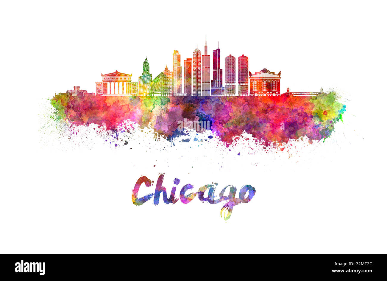 Chicago skyline in watercolor splatters with clipping path Stock Photo