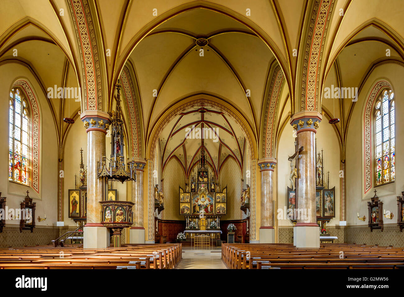 Interior of neo-Gothic parish church of the Assumption, built by Matthias Berger, Partenkirchen, Garmisch-Partenkirchen District Stock Photo