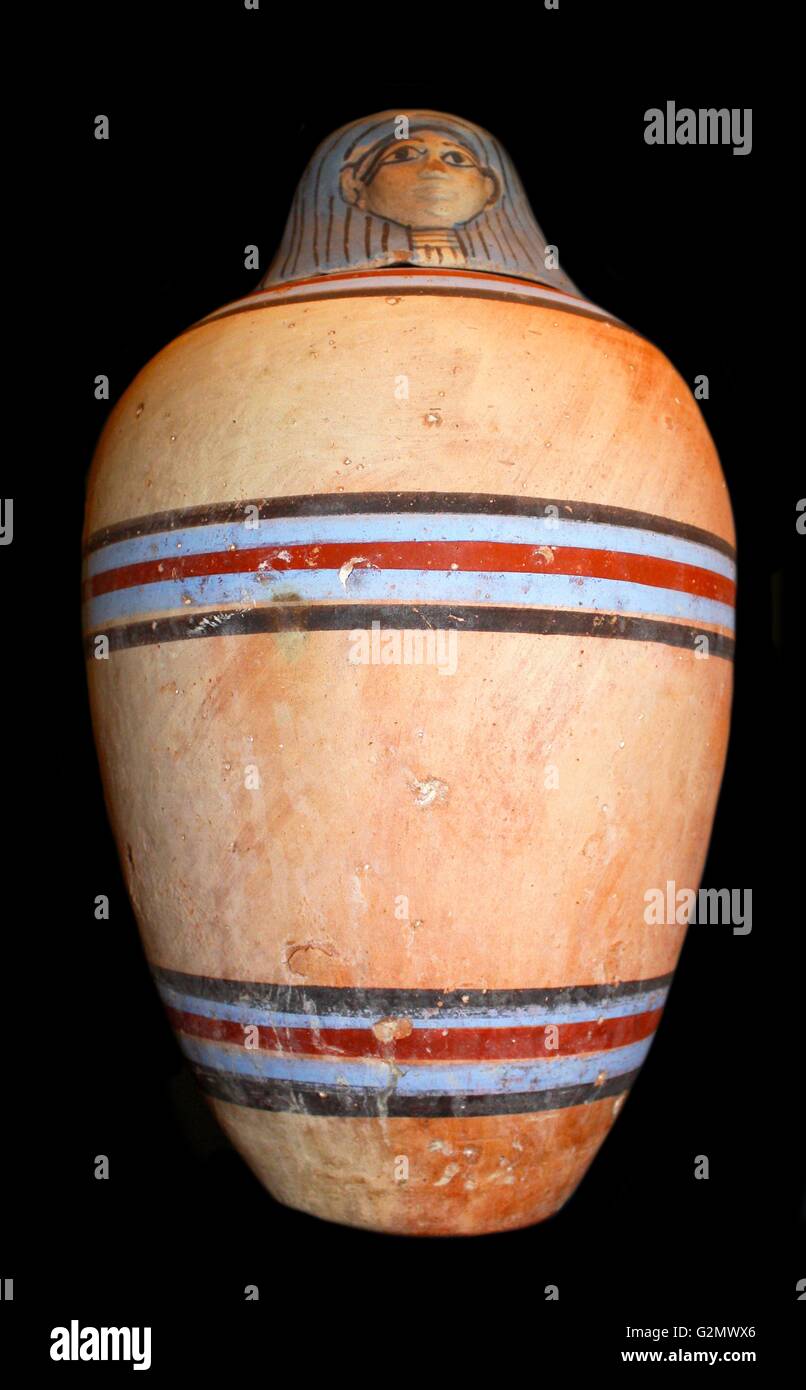 Canopic Jar 990 B.C. Imseti, the human-headed god, whose jar contained the liver was protected by the goddess Isis Stock Photo