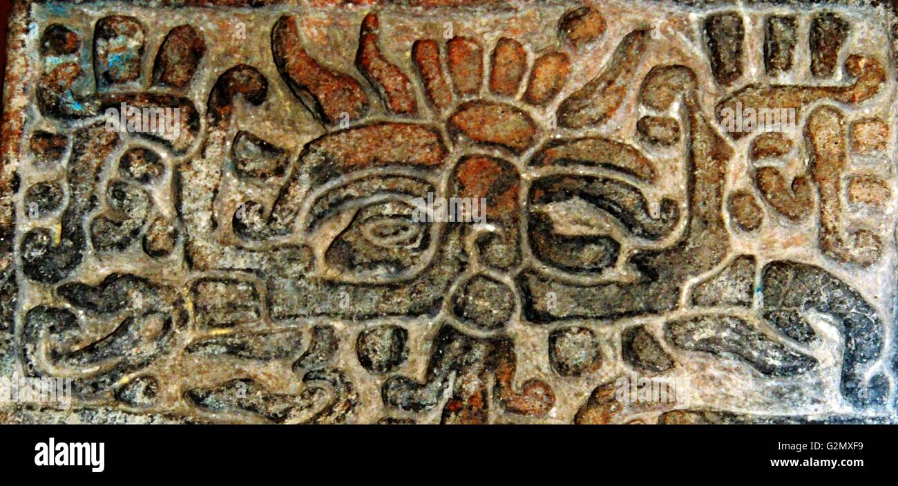 Pottery stamps used to imprint designs on textiles. From the 'Island of Sacrifices' Mexico, AD 900. Stock Photo