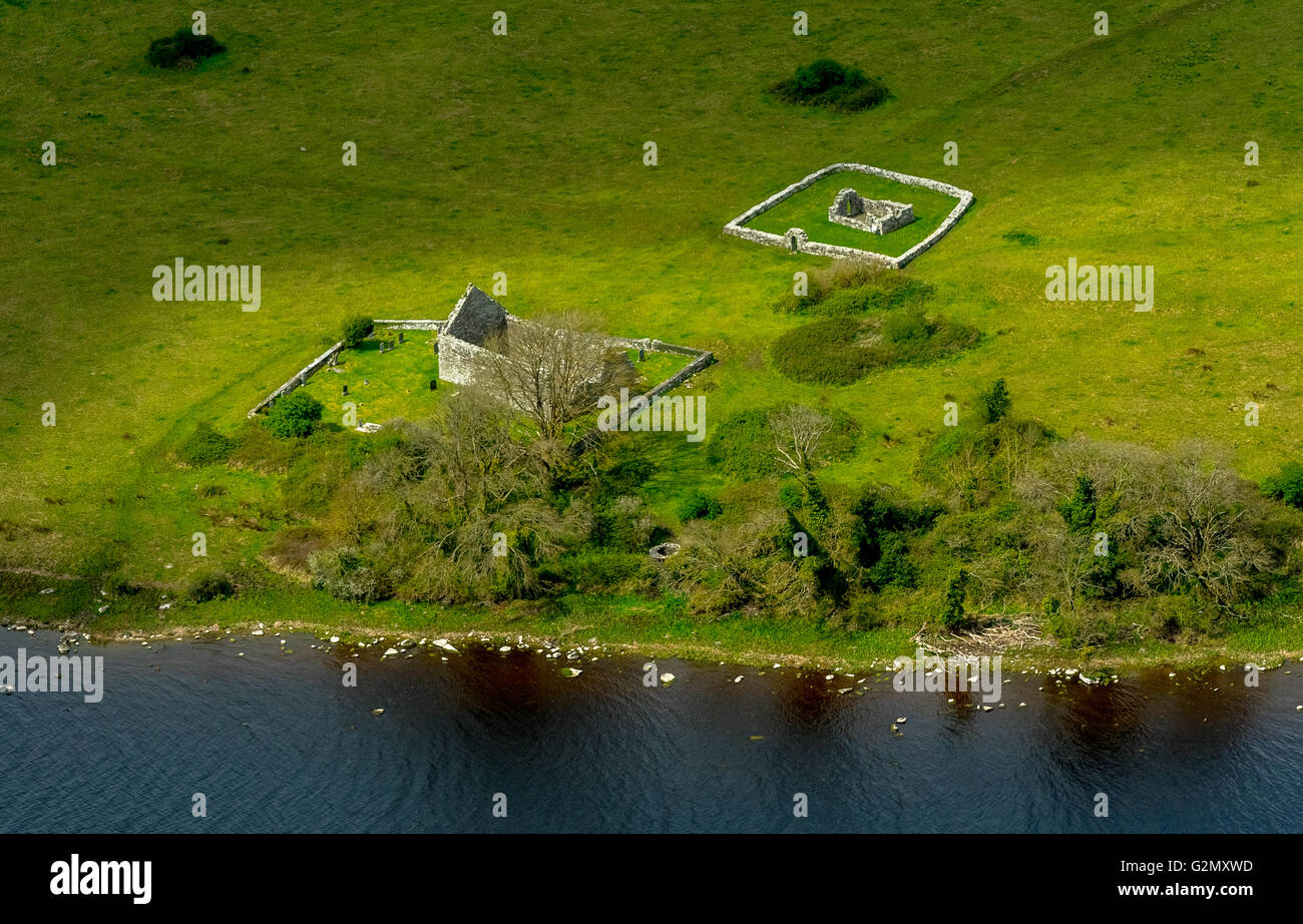 Aerial view, Holy Island, Holy Iceland with dilapidated monastery, Lake