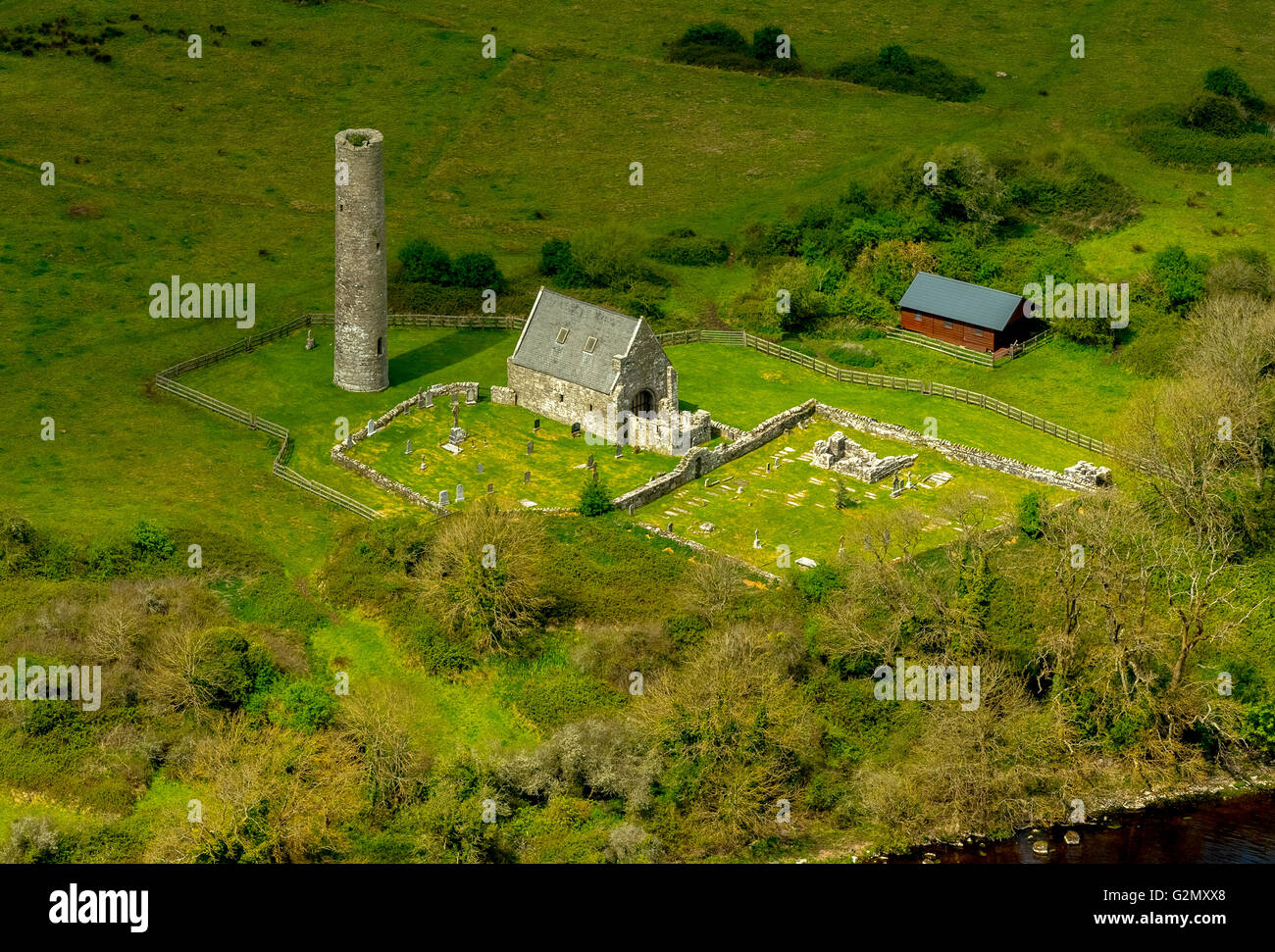 Aerial view, Holy Island, Holy Iceland with dilapidated monastery, Lake