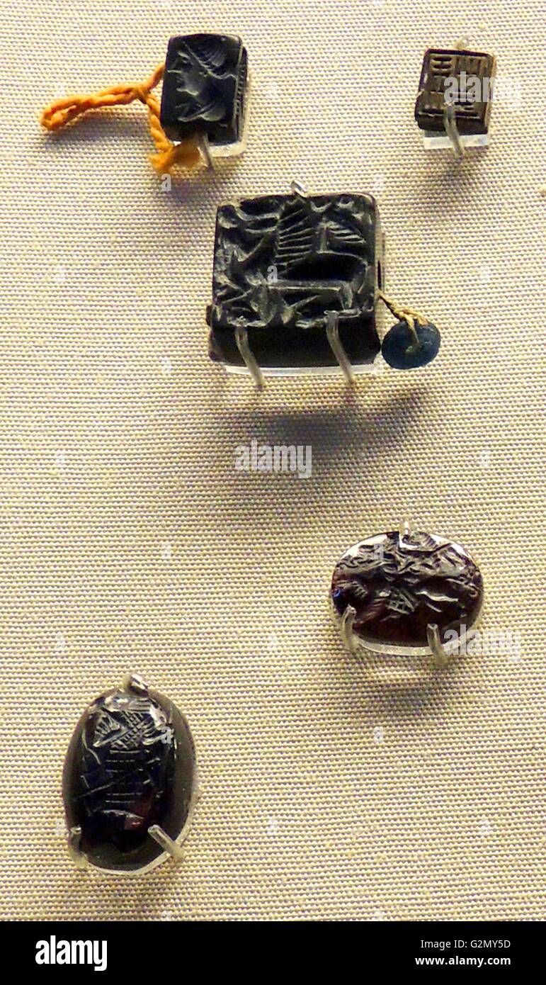 Gems carved in intaglio for use as seals. Designs are based on Greco-Roman classical figures, Sasanian Iran and Hephalite figures, local Central Asian motifs and provincial versions of Chinese characters. The seals are of garnet, nicolo, sard, carbuncle, carnelian, ivory, nicolo, crystal or stone. Stock Photo