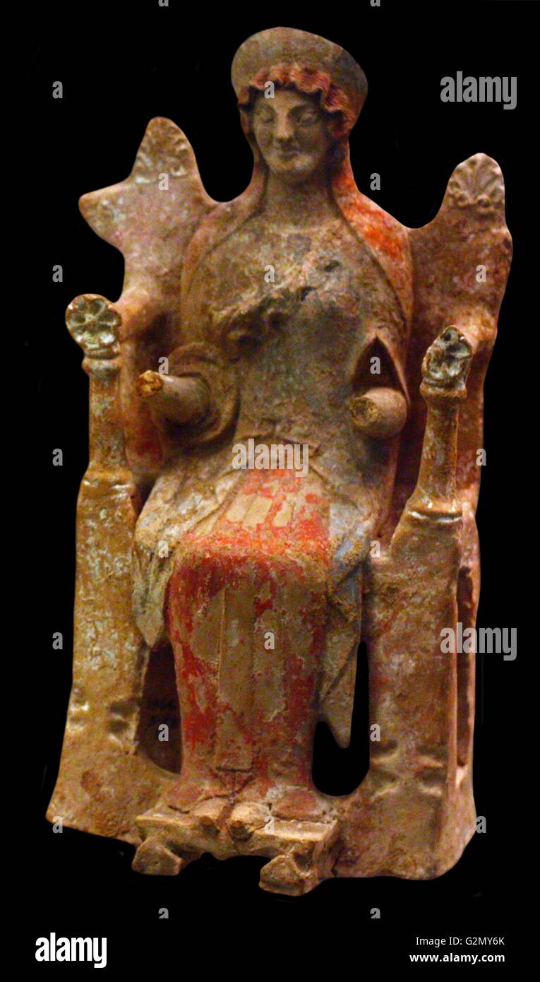 Terracotta figure of woman or goddess seated on a throne. Made in Athens, about 530-500 BC. Stock Photo