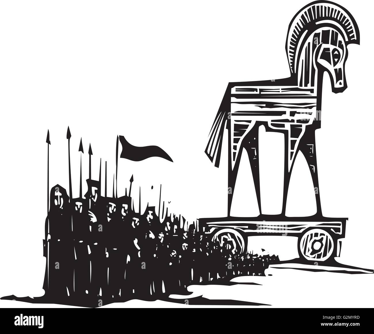Woodcut style expressionist image of the Greek Trojan Horse with an army walking from it. Stock Vector