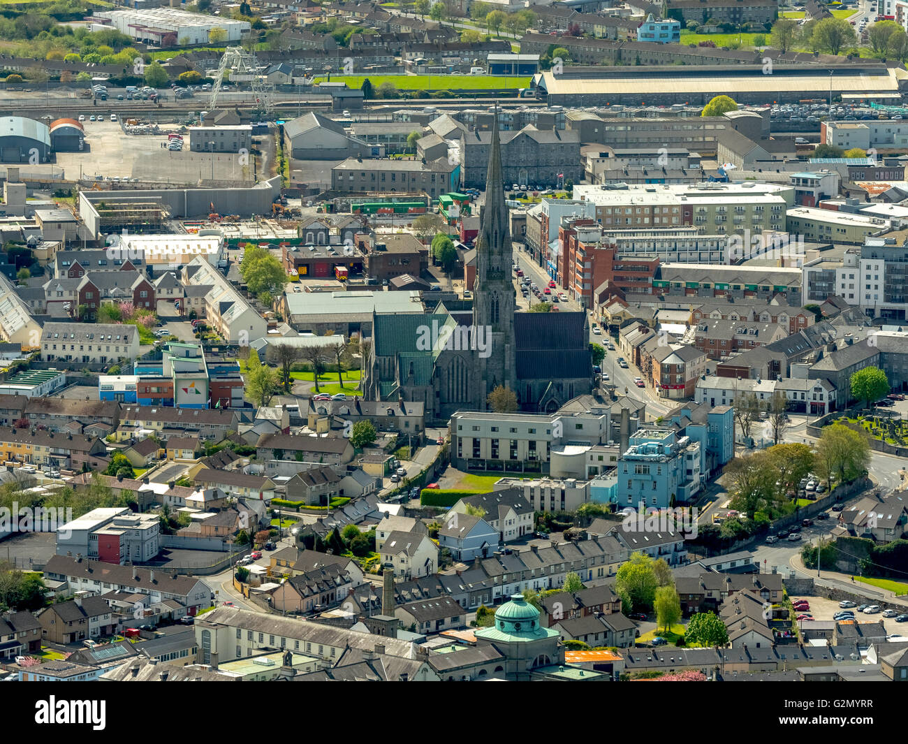 Aerial view, Downtown Limerick on the River Shannon with the city of St