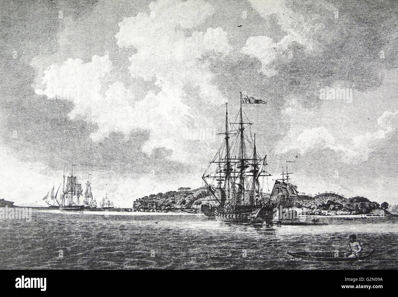 Woodcut shows the voyage of Governor Philip to Botany Bay, Australia. Work titled 'A View of Botany Bay'. Dated 1789. Stock Photo