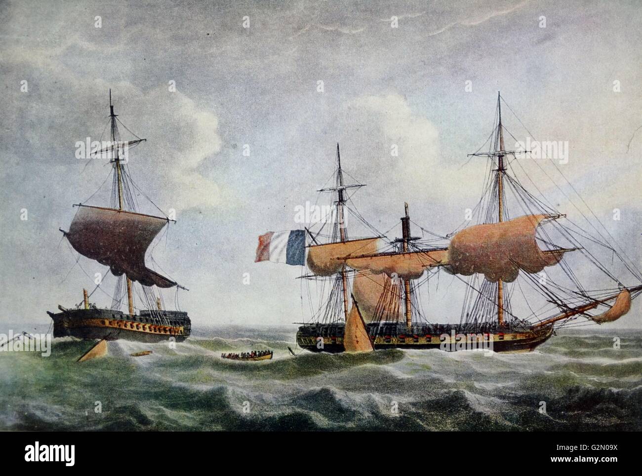 La piemontaise, capturing the warren Hastings 1805. The Piémontaise was frigate of the French Navy. She served as a commerce raider in the Indian Ocean. On 21 June 1806, during the Anglo-French wars against Napoleon, she captured the East Indiaman Warren Hasting. Stock Photo