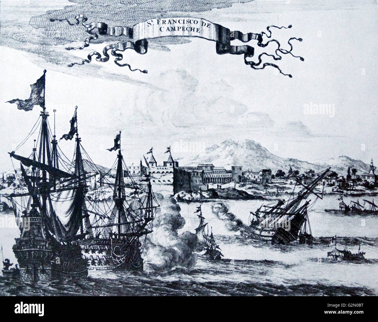 Large view of St. Francisco de Campeche in the Yucatan, Mexico. numerous warships are fighting in the foreground and firing on the fort. Title ribbon in the sky. This map is taken from Ogilby's An Accurate Description and Complete History of America based on De Nieuwe en Onbekende Wereld by Arnold Montanus. The plates were prepared by Jacob Van Meurs of Amsterdam. 1671 Stock Photo