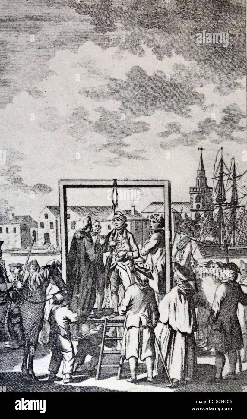 Hanging of a buccaneer at Execution Dock. Execution Dock 18th century. Execution Dock was used for more than 400 years in London to execute pirates, smugglers and mutineers that had been sentenced to death by Admiralty courts. The 'dock', which consisted of a scaffold for hanging, was located near the shoreline of the River Thames at Wapping Stock Photo