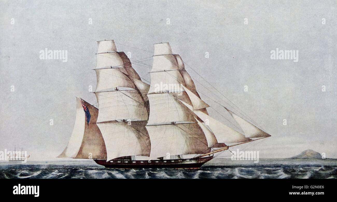 The Opium Clipper Brig Anonyma in the Straits of Malacca by G Pick; after T Hill 1850. poppy-derived narcotic opium was taken as cargo from China Stock Photo