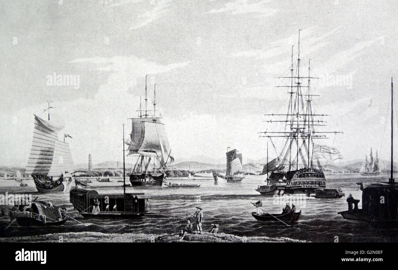 Whampoa in China, 1835 by William John Huggins, view from Danes Island looking towards Canton embracing Whampoa and Junk Rivers. British East India Co ship Stock Photo