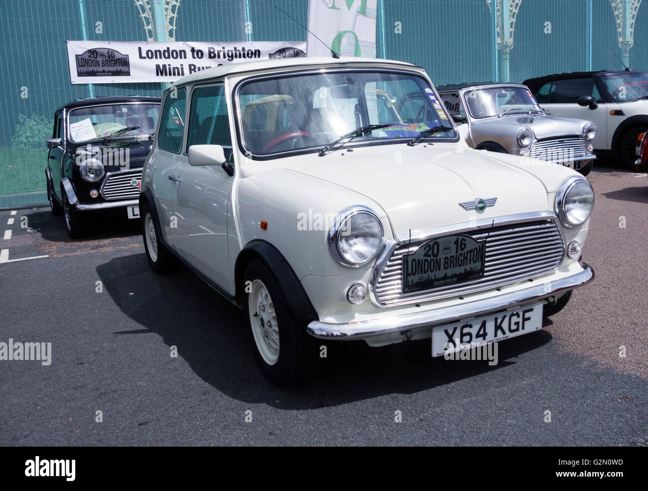 Rover Mini Seven 2 door saloon (2000) on display in Madeira Drive after completing 2016 London-Brighton Mini run. Stock Photo