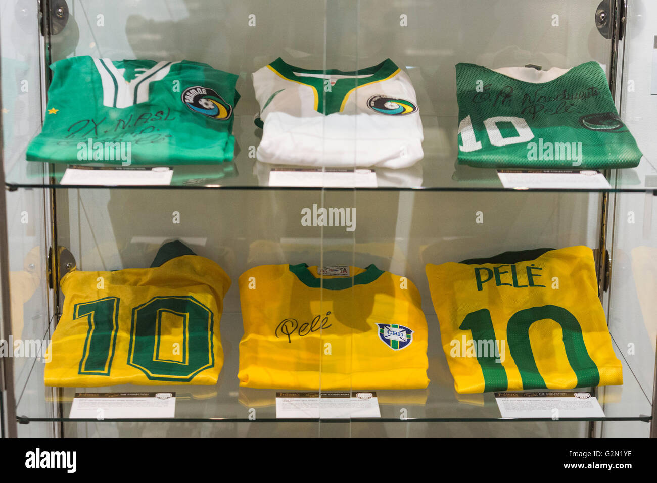 London, UK. 1 June 2016. Press preview of Pele - The Collection, a sale run by Julien's Auctions at Mall Galleries. Highlights include Pele's Jules Rimet Trophy; 1958, 1962 and 1970 World Cup Medals; Santos FC game worn jerseys and boots; awards received while playing with Santos FC; his 1977 New York Cosmos NASL championship ring; FIFA Player of the Century Award; L'Equipe Athlete of the Century Award; 2007 FIFA President's Award and the torch used by Pele when he ran in the 2004 Summer Olympics Torch Relay. Stock Photo