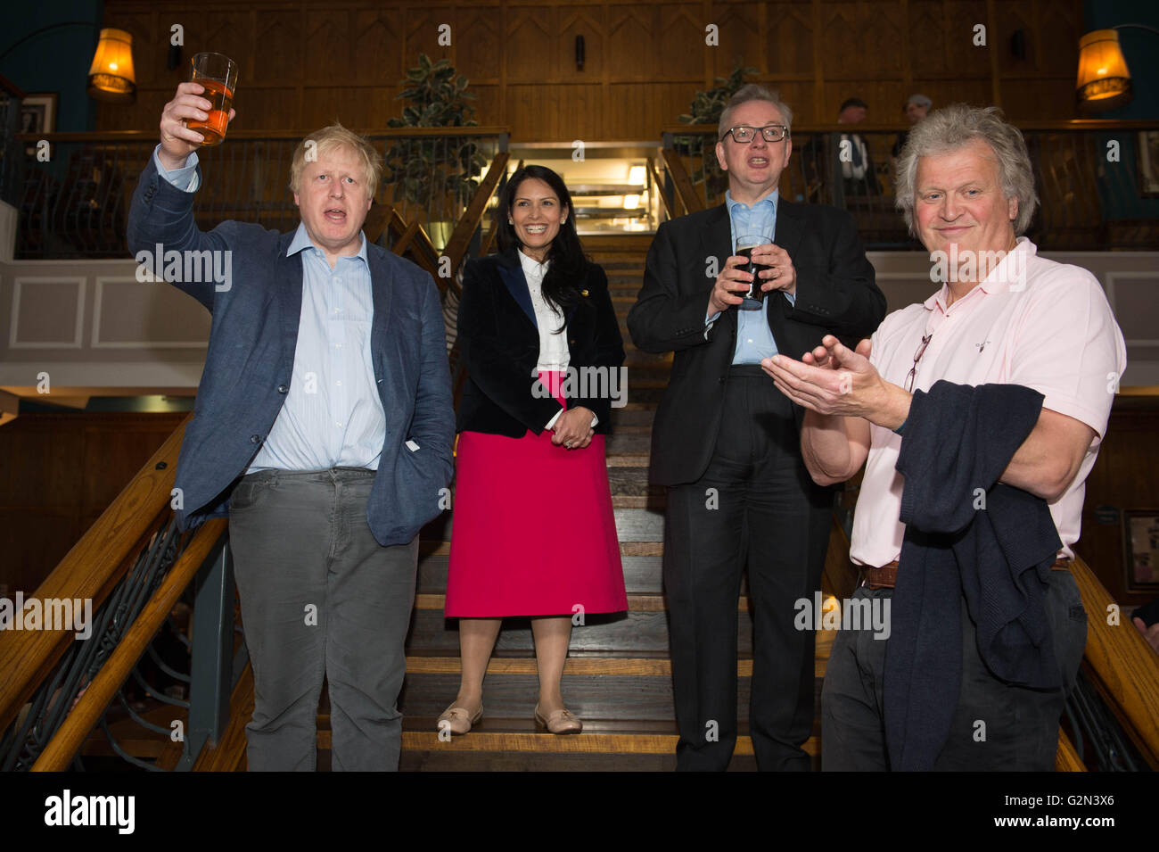 Boris Johnson (left), Priti Patel and Michael Gove meet chairman of JD Weatherspoon Tim Martin (right) during a visit to the Old Chapel pub in Darwen in Lancashire, as part of the Vote Leave EU referendum campaign. Stock Photo