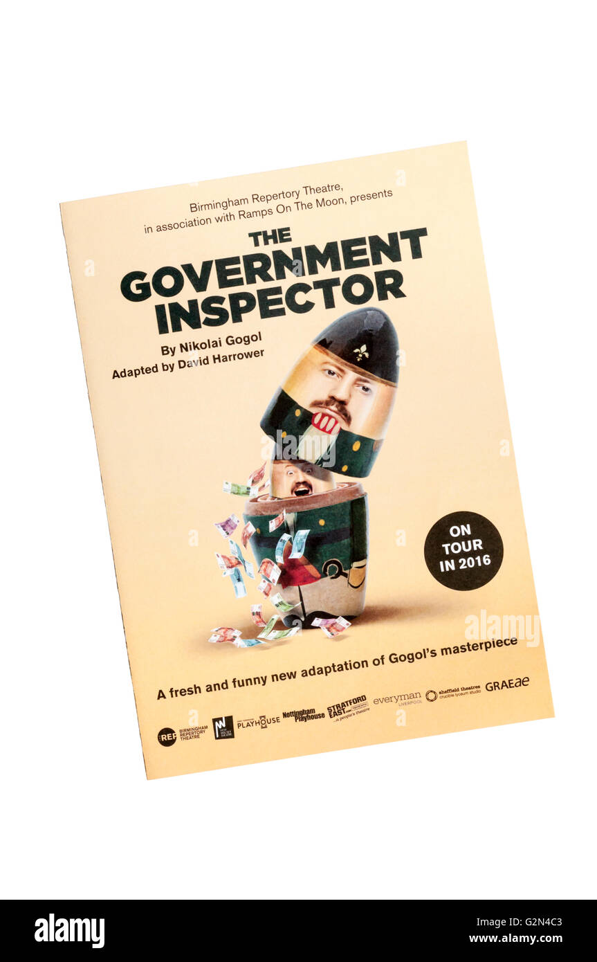 2016 promotional flyer - Birmingham Repertory Theatre adaptation by David Harrower of The Government Inspector by Nikolai Gogol Stock Photo