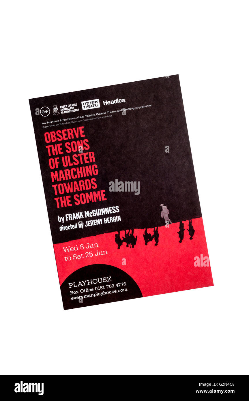 2016 promotional flyer for Observe the Sons of Ulster Marching Towards the Somme by Frank McGuinness at the Liverpool Playhouse. Stock Photo
