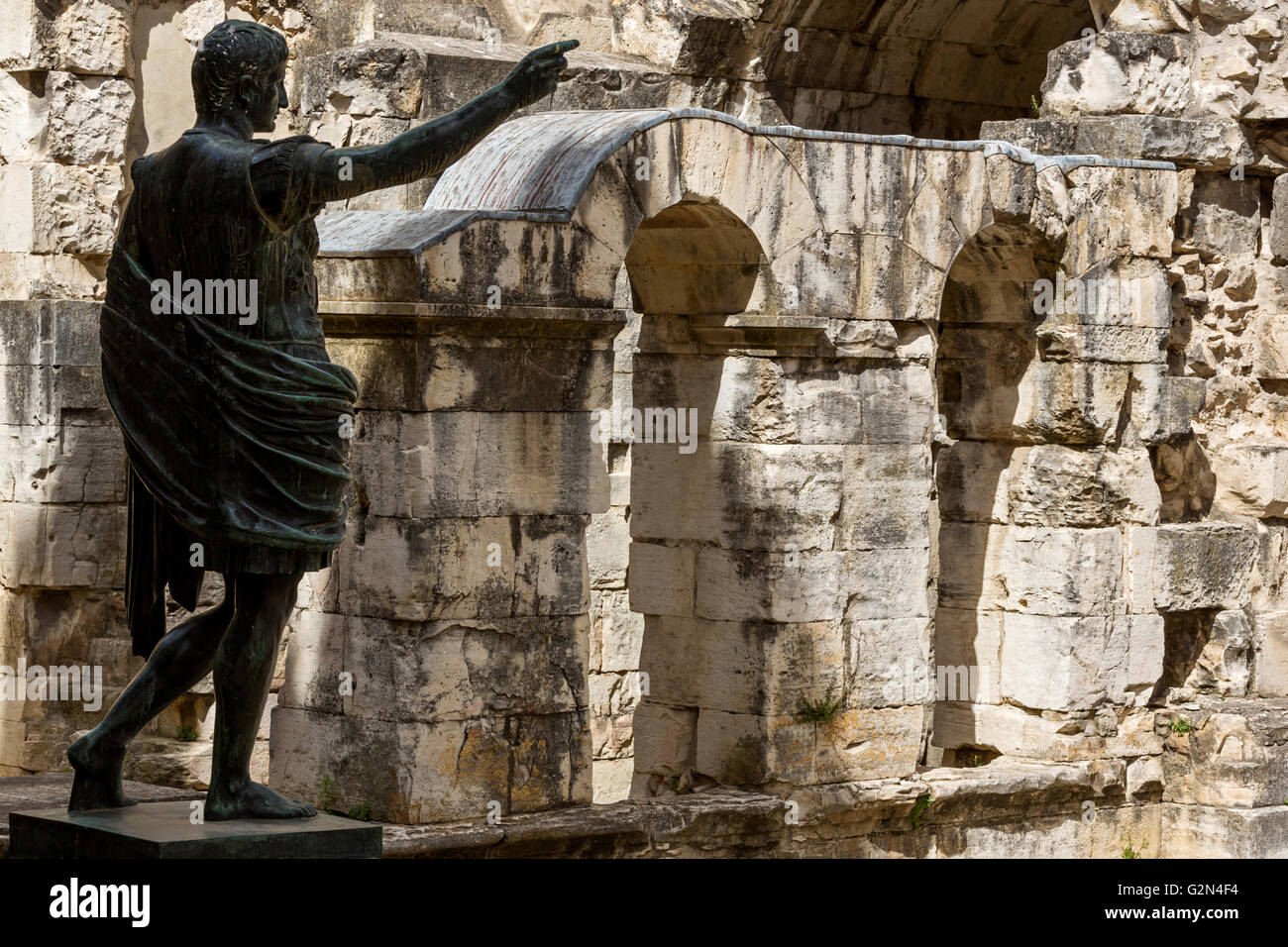 Statue of Auguste, gate of Auguste, Nimes, Gard, France Stock Photo