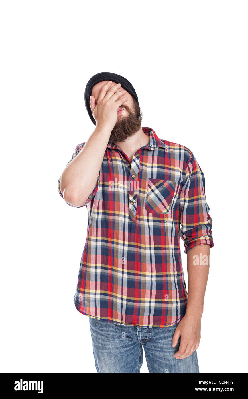 Man doing facepalm or cover his face with palm Stock Photo - Alamy
