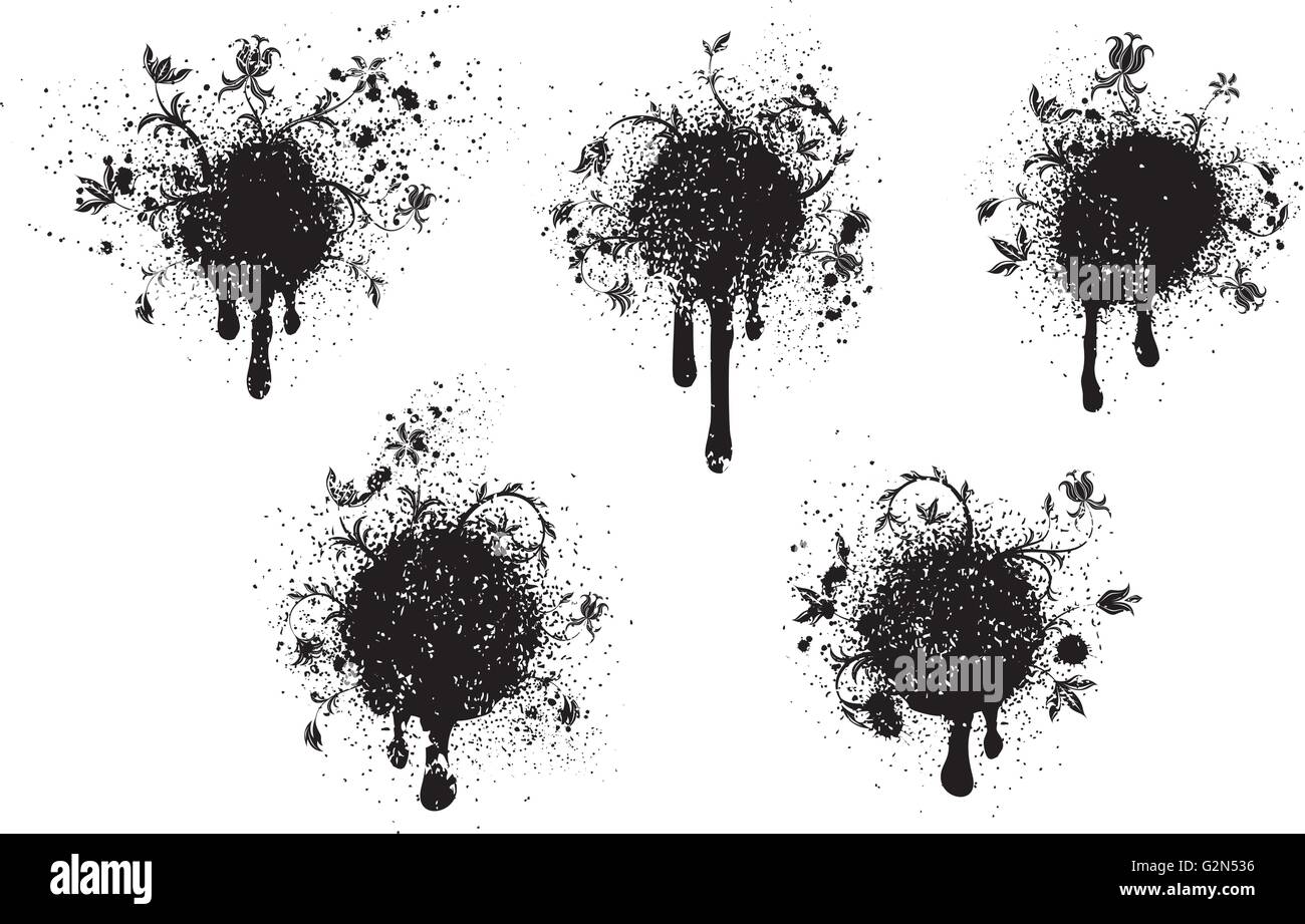 Floral Graffiti Five spray paint splatters with flowers growing out of the paint Stock Vector