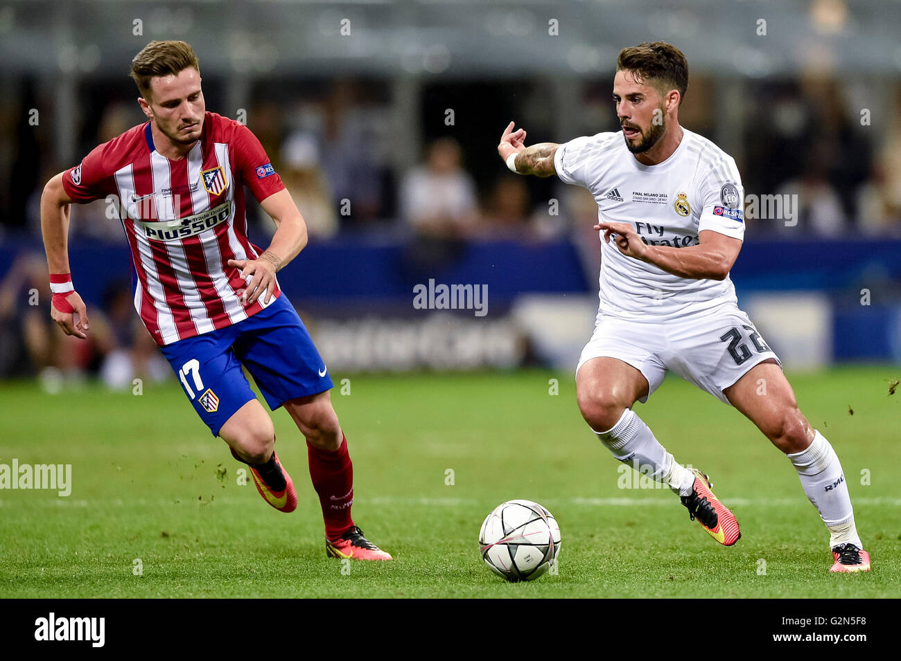 Isco of Real Madrid and Saul Niguez of Atletico Madrid fight for the ball  during the UEFA Champions League Final between Real M Stock Photo - Alamy