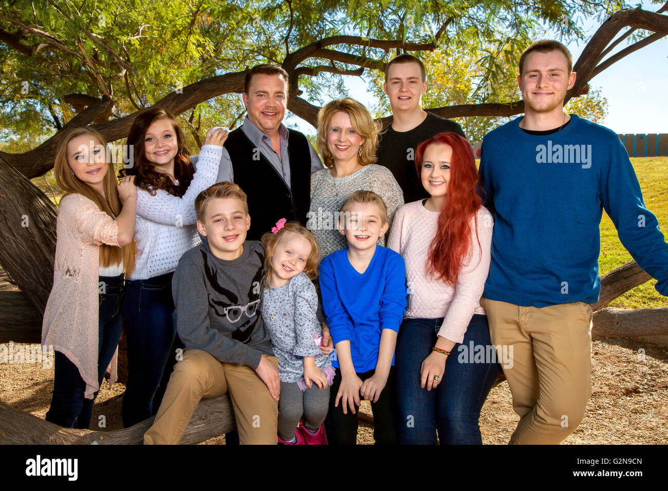 Portrait of a large family at the park, under a tree.  Parents with their eight children.  Three brothers and fours sisters make Stock Photo