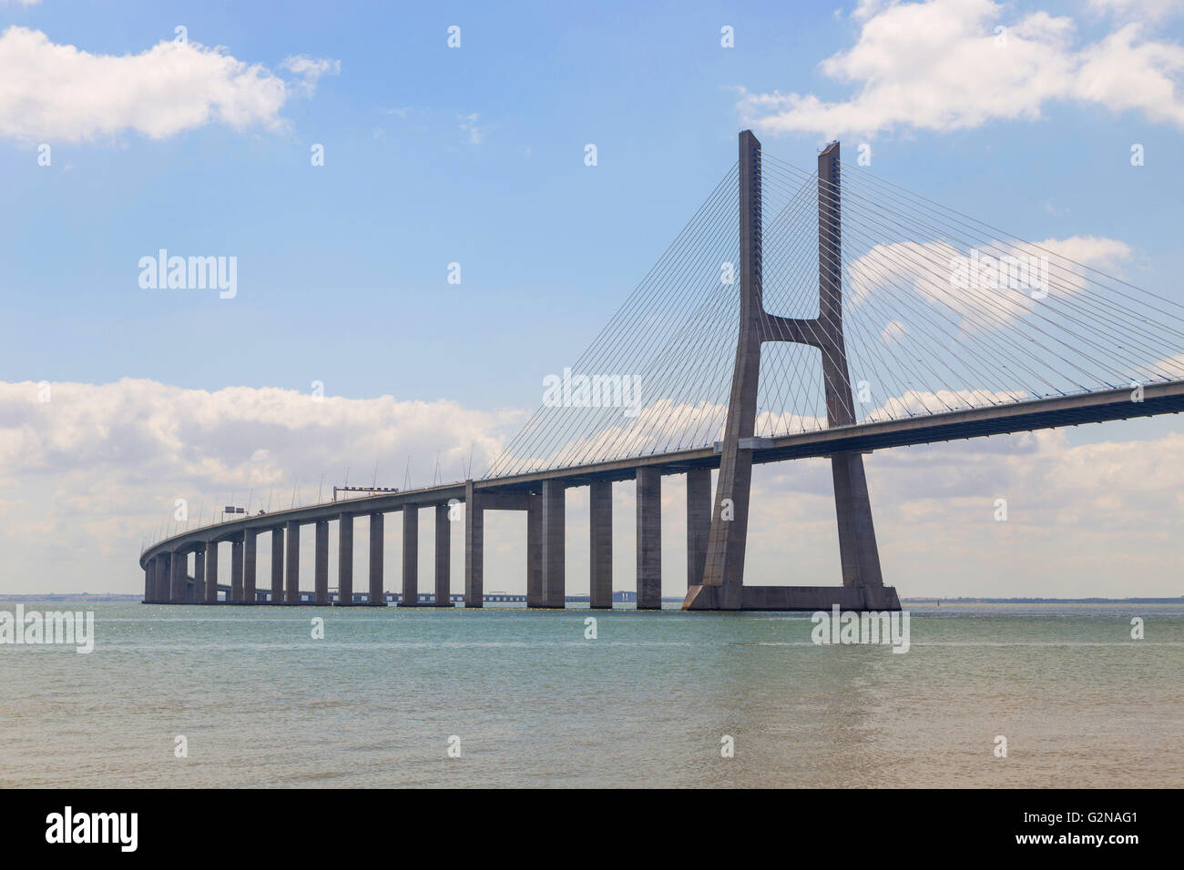 bridge the Vasco da Gama on river Tejo in european city Lisboa Stock Photo