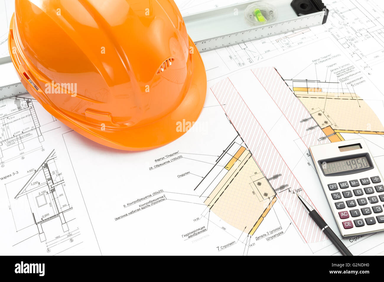 Construction plans with helmet and work tools on blueprint Stock Photo ...