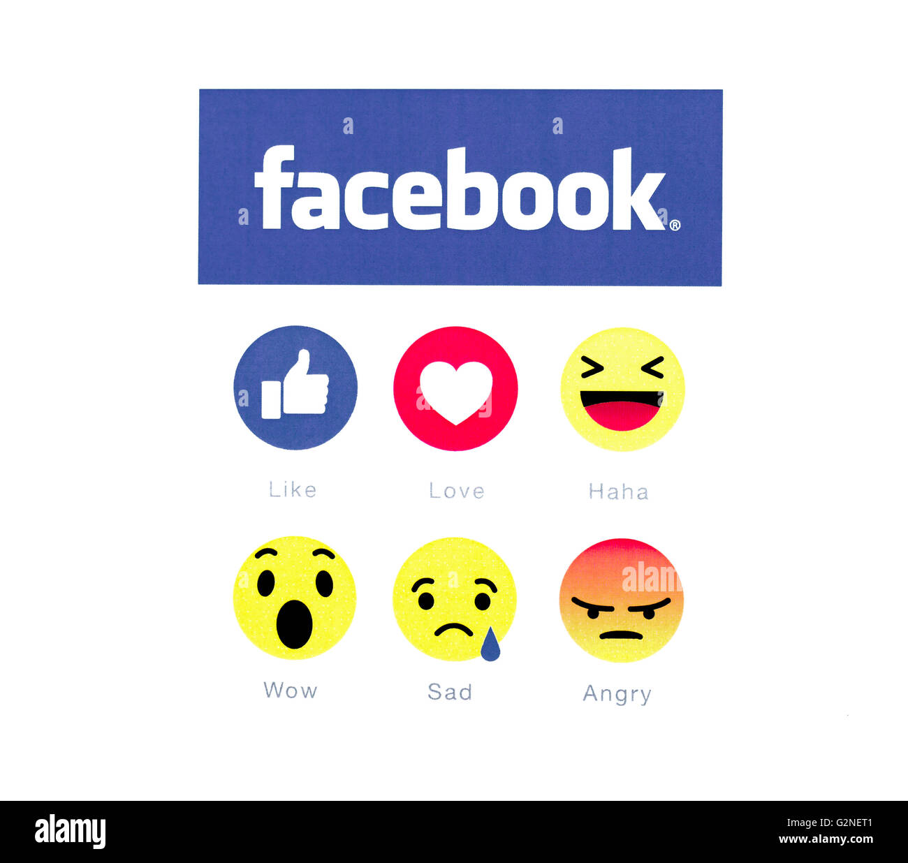Belchatow, Poland - May 23, 2016: Facebook logo and button 6 emoji icon printed on white paper. Stock Photo