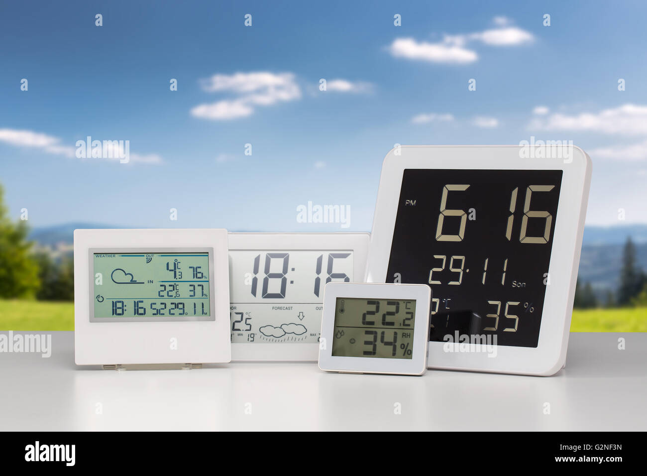 Weather station device with weather conditions outside background Stock