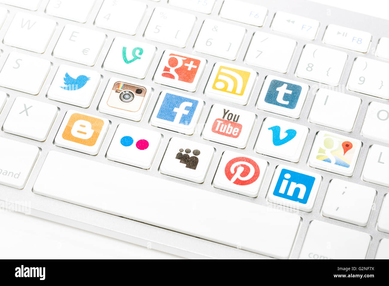 BELCHATOW, POLAND - AUGUST 31, 2014: A social media logotype collection printed and placed on modern computer keyboard. Stock Photo