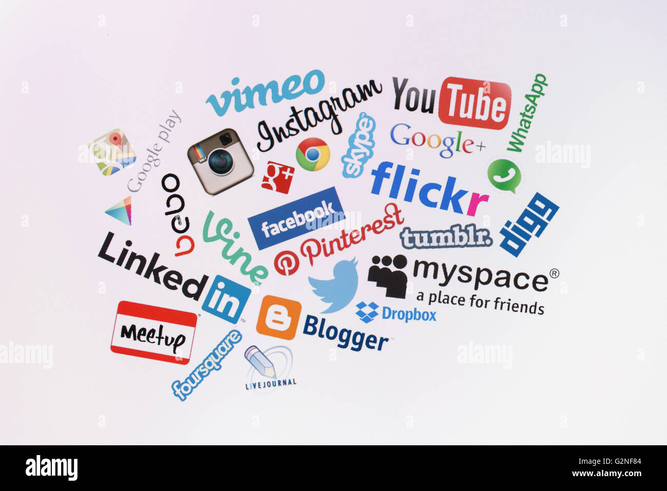 BELCHATOW, POLAND - DECEMBER 28, 2014: Popular social media website logos on computer screen Stock Photo