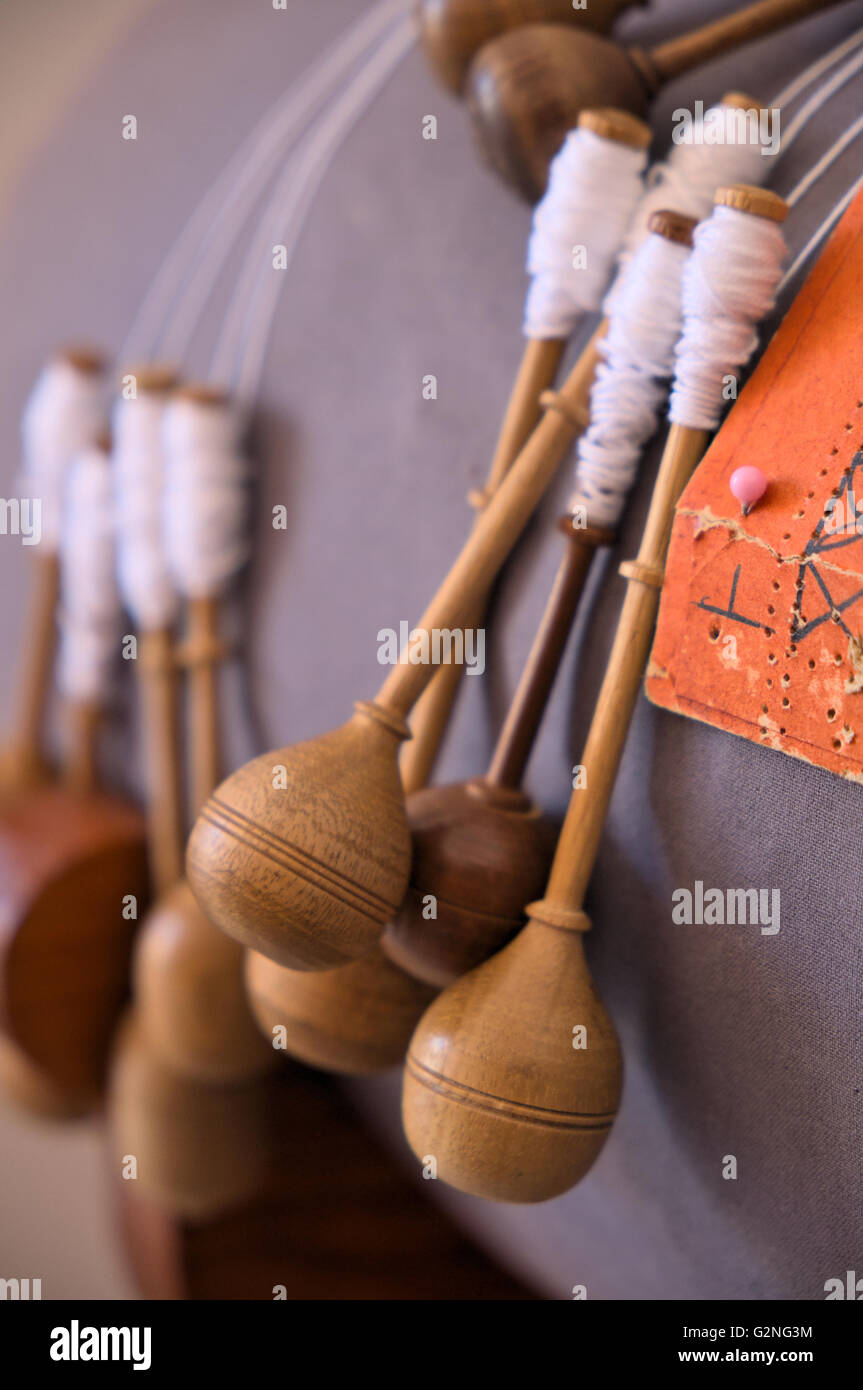 Old wooden knitting tools. Vintage tools, fashion and hobbies Stock