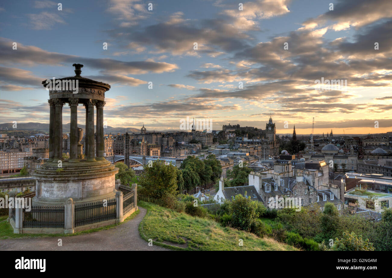 Cityscape of Edinburgh city, the capital of Scotland from the Calton Hill with the Nelson Monument Stock Photo