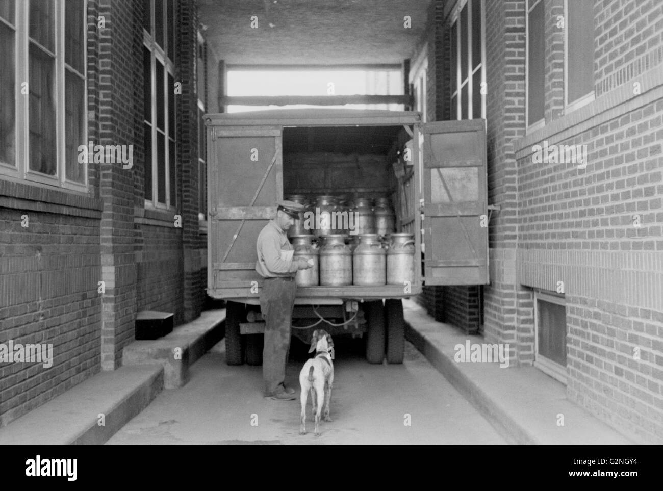 Worker at Milk Receiving Station,Farmington,Minnesota,USA,Arthur Rothstein for Farm Security Administration (FSA),September 1939 Stock Photo