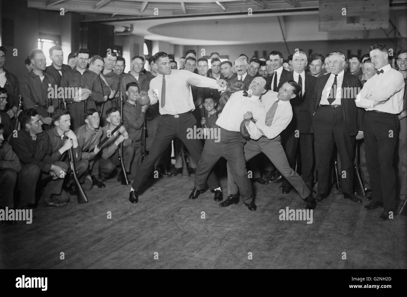 Jack Dempsey, Harry Houdini and Benny Leonard Spar at Publicity Event, circa 1920 Stock Photo