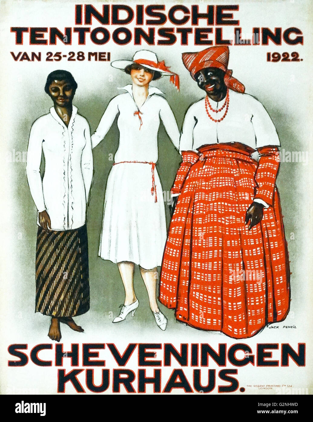 Poster for the Indian Exhibition 25-28 May, 1922, Scheveningen Kurhaus; Holland. Shows a Javanese a Dutch and a Suriname woman together Stock Photo